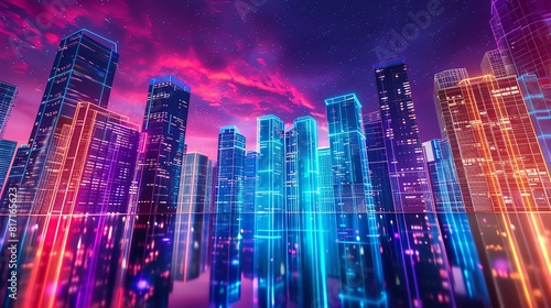 Urban scene with hightech skyscrapers  holographic art installations  night view  Scifi  Vibrant colors  3D rendering