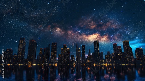 Urban skyline with iconic buildings under a starry sky  Contemporary  Vibrant colors  Photography  Sharp and vivid