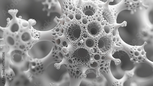 Abstract background, amalgamation of porous objects clusters, connected with tendrils, creating designs, wide 16:9