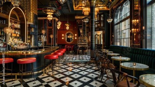 The interior of a bar decorated in elegant black and gold hues, featuring high-top tables, a polished bar counter, plush seating, and ambient lighting. photo