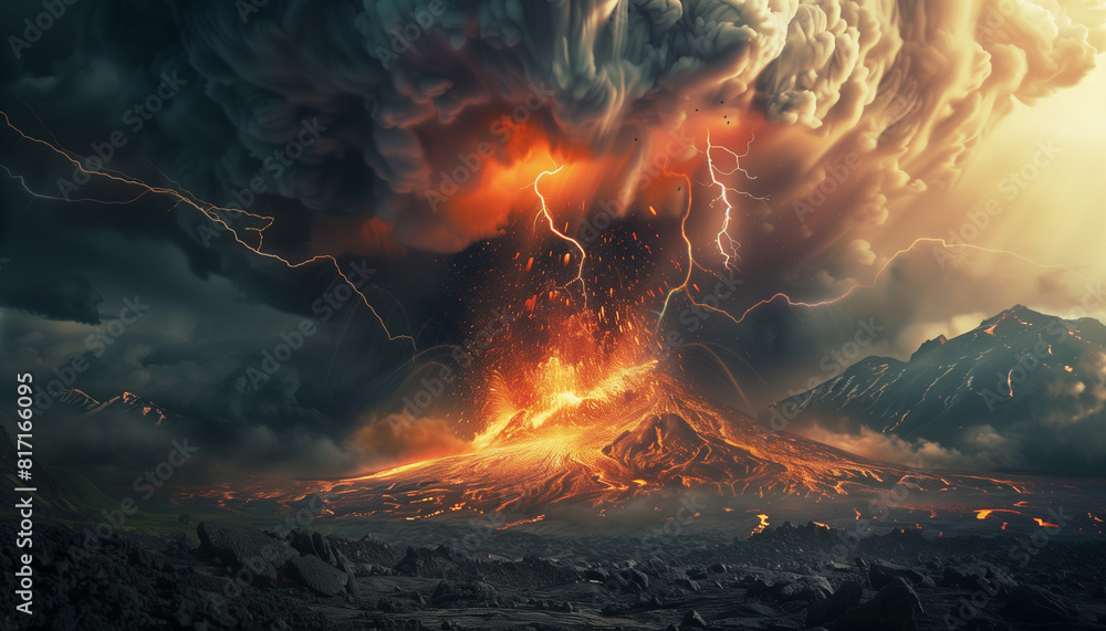volcano erupting with a massive cloud of ashes, fiery lava flow and dramatic sky, intense natural event
