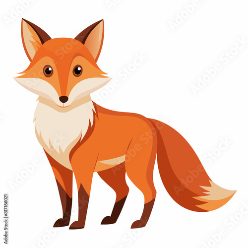 Toy red fox cartoon standing on white background with tail and snout