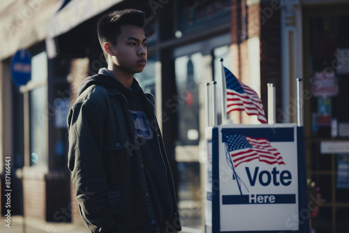 A young man, with a determined look, stands in front of a "Vote Here" sign, exercising his newfound right to vote. 