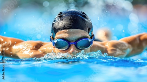 A man is swimming in a pool wearing goggles