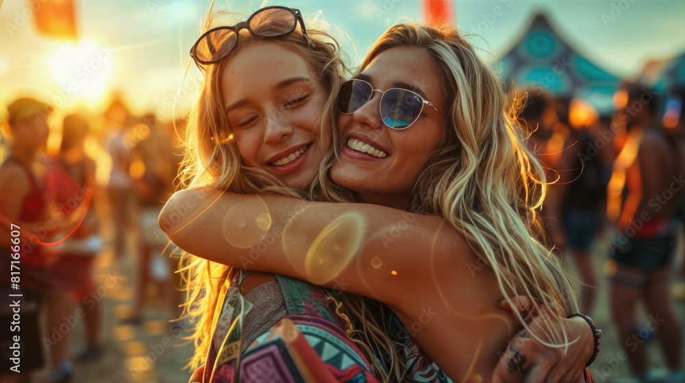 Two happy young girls hug and enjoy at a summer music festival. Summer vacation and entertainment concept. Two happy young girls hug and enjoy at a summer music festival. Summer vacation and entertainment concept.