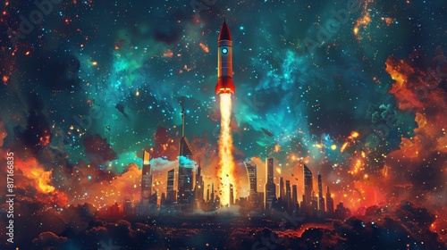 Vintage rocket ship launching into space with cyberpunk cityscape in the background close up  retrofuturistic journey  vibrant  double exposure  futuristic metropolis