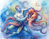 An artistic watercolor painting showcasing the beauty and grace of octopus wrestling, blending nature and human activity in a harmonious composition