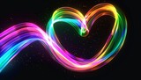 A neon rainbow glowing heart-shaped ribbon twirling in the air on a black background, leaving trails of light Generative AI