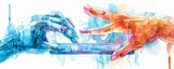 A futuristic watercolor depiction of hands using a hightech smartphone interface