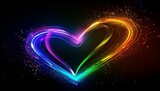 A neon rainbow glowing heart-shaped ribbon twirling in the air on a black background, leaving trails of light Generative AI