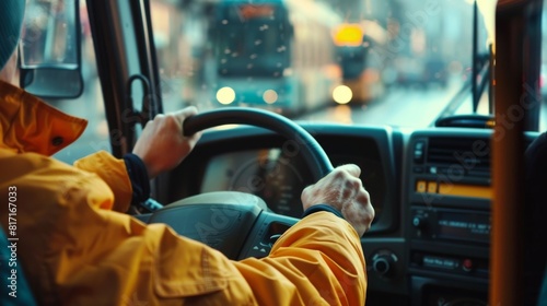 transport, transportation, tourism, road trip and people concept - close up of bus driver driving