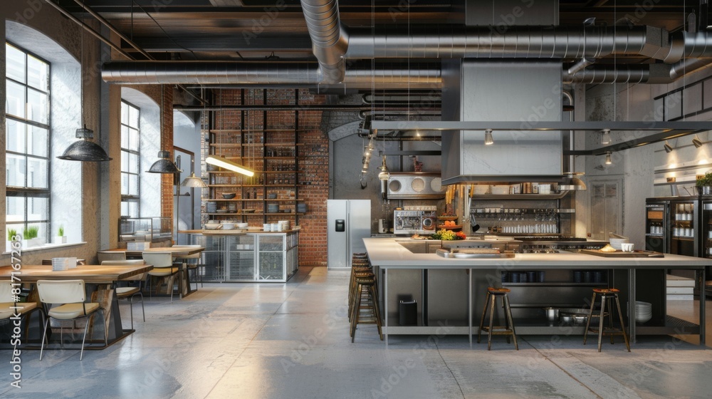 Interior footage showcasing a sleek industrial kitchen design with stainless steel appliances and exposed brick walls.