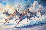 A dynamic watercolor artwork capturing the thrill of reindeer racing across a frozen tundra, their hooves kicking up snow in their wake 