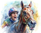 Detailed watercolor artwork portraying the close-up view of a determined jockey urging his steed to victory, the intensity of the moment evident in the horse's focused expression and flying mane.