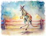 A kangaroo hopping towards a boxing ring, eager to begin its training session 