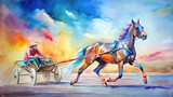 Colorful watercolor artwork of a harness racing jockey guiding a horse and sulky around a track, showcasing the skill and excitement of the sport