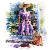 A fashionable watercolor illustration of an outfit displayed on a mannequin in a boutique