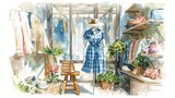 A fashionable watercolor illustration of an outfit displayed on a mannequin in a boutique