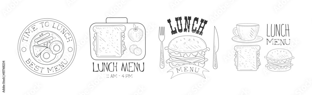 Lunch Menu Hand Drawn Monochrome Sign Design Vector Set Lunch Menu Hand Drawn Monochrome Sign Design Vector Set