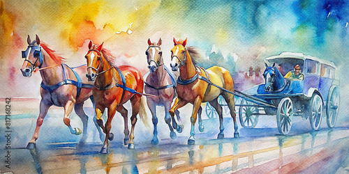 Colorful watercolor painting of a harness racing scene with horses and sulkies approaching the starting line, ready for the race to begin