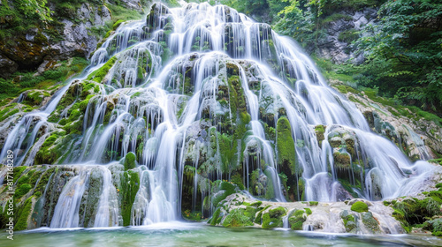 A majestic waterfall cascading down moss-covered rocks into a crystal-clear pool.