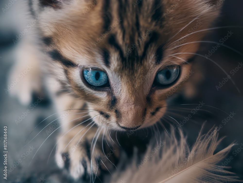 close-up portrait of a tiny kitten with vibrant blue eyes, captured in a moment of playful mischief. The kitten's whiskers twitch as it pounces on a feather toy, showcasing its agile movements