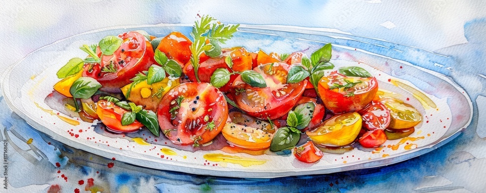 A detailed watercolor illustration of a gourmet dish with vibrant colors and textures A detailed watercolor illustration of a gourmet dish with vibrant colors and textures