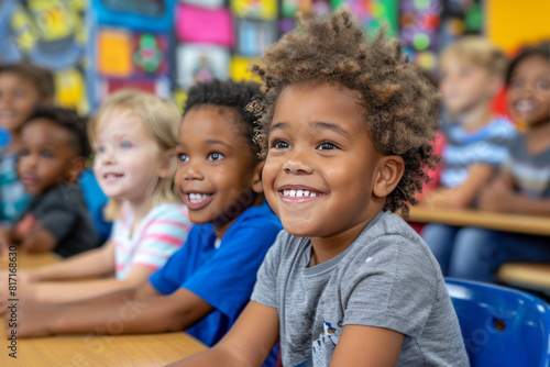 Children sitting at desk listening with interest to lecture in kindergarten.