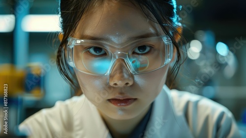 The close up picture of the young female scientist is experimenting inside laboratory while wearing lab coat and safety goggle, the scientist require skill like research skill, analyze skill. AIG43.