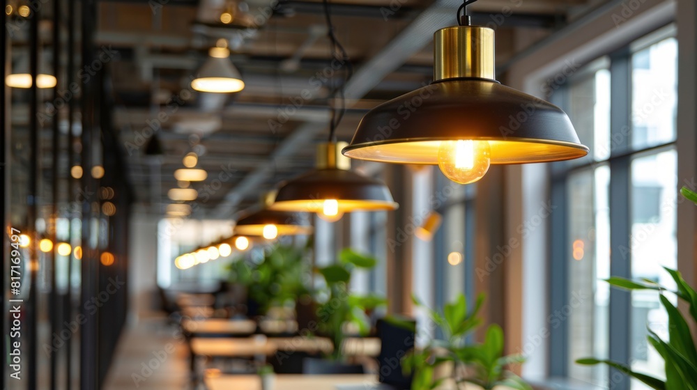 Modern rounded industrial led light lamps in row. London office Modern rounded industrial led light lamps in row. London office
