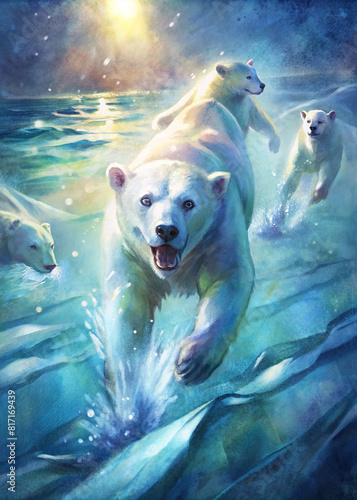 Dramatic lighting illuminating the polar bear swimming race  adding intensity to the competition 