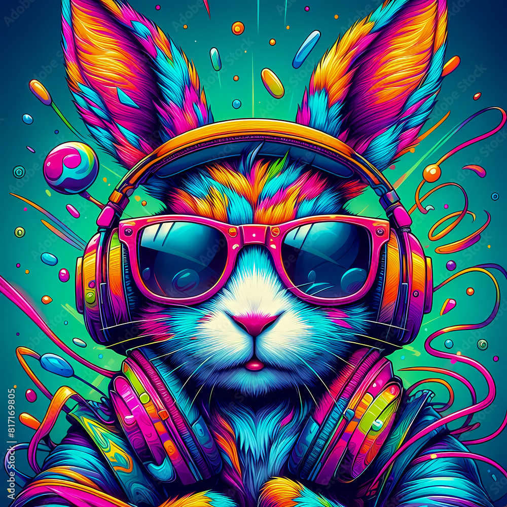 Digital art vibrant colorful rabbit wearing headphones listening to music