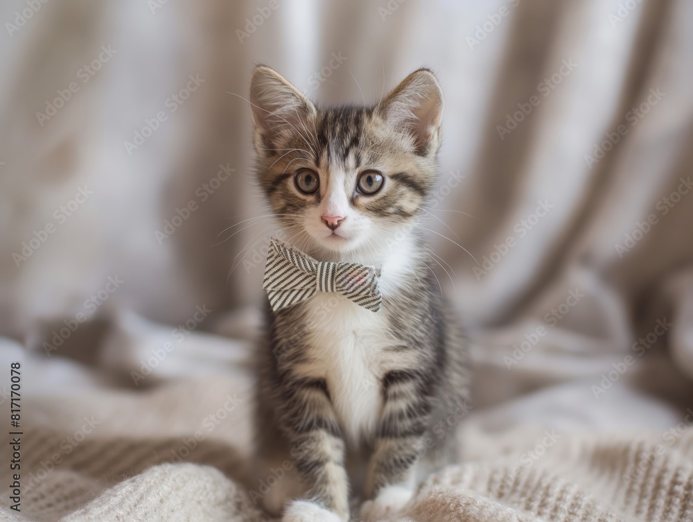 An adorable photo of a cute little cat wearing a tiny bow tie, posing confidently for the camera