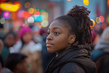 Black teenage girl at a Black History Month festival, a diverse crowd of people celebrating in the background, vibrant colors and a festive atmosphere