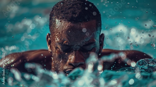 Black man practicing swimming sport  person is focused and enjoying the sport  sports photography  generative ai