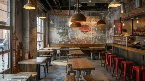 A cozy urban cafe featuring exposed brick walls, industrial lighting, wooden tables, and red bar stools in a calm, daylight setting. © Prostock-studio