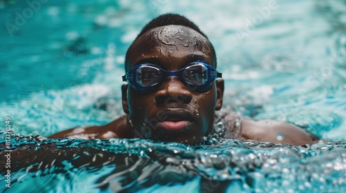 Black man practicing swimming sport, person is focused and enjoying the sport, sports photography, generative ai © Hixel