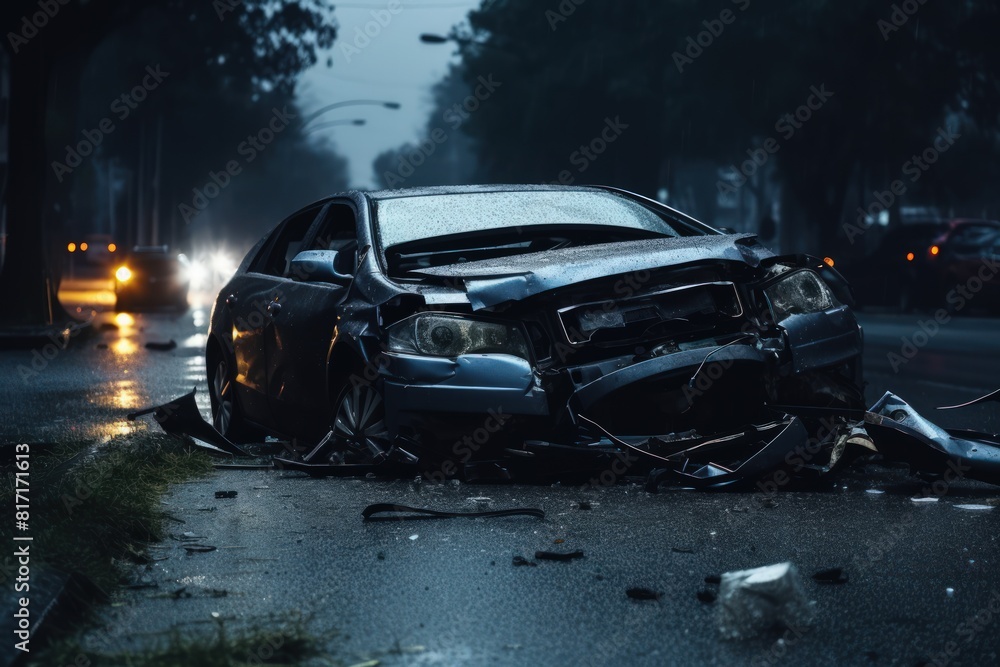 Insurance case. Night car accident. The dangers of speeding and drunk driving. A car being torn to pieces on the side of an urban road. Life, liability and property insurance.