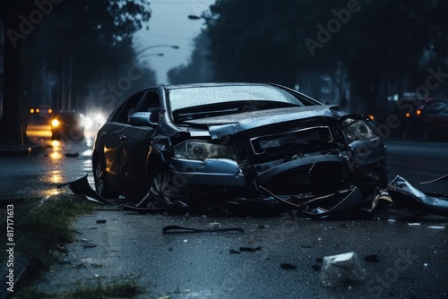 Insurance case. Night car accident. The dangers of speeding and drunk driving. A car being torn to pieces on the side of an urban road. Life, liability and property insurance.