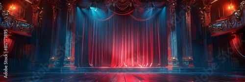 Luxurious vintage theater stage. Empty opera hall with red and blue lighting with balconies and columns in antique baroque style for special ceremony and concerts photo