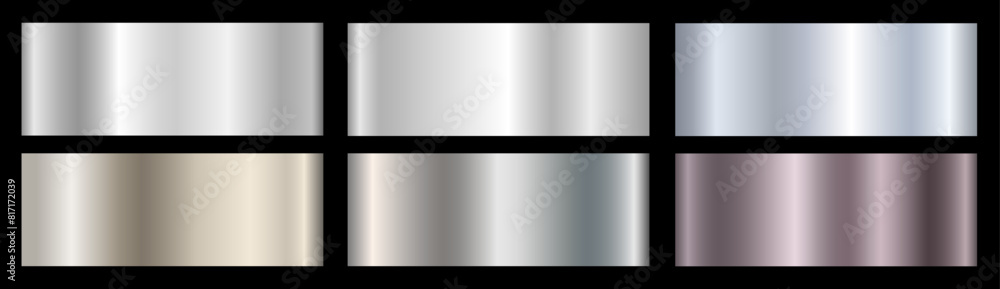 A set of silver metallic glossy gradients on a black background. Texture of a smooth metal surface. Vector illustration. A set of silver metallic glossy gradients on a black background. Texture of a smooth metal surface. Vector illustration.