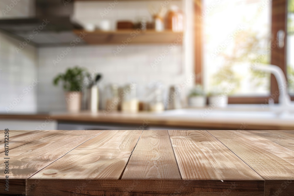beautiful brown wood table top kitchen interior background and blurred defocused with daylight flare bokeh, product montage display - Generative Ai
