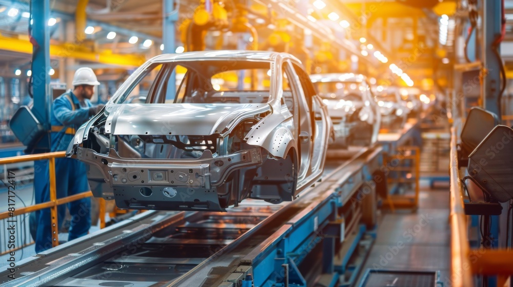 Fototapeta premium car factory conveyor workers assembling cars