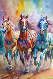 A vibrant watercolor scene capturing the excitement of a horse pulling competition, with multiple horses straining against heavy loads in a display of strength