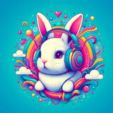 Digital art vibrant colorful rabbit wearing headphones listening to music