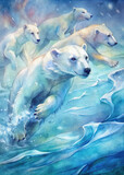 An artistic depiction of a polar bear swimming competition, capturing the speed and agility of the bears as they navigate through the frigid waters