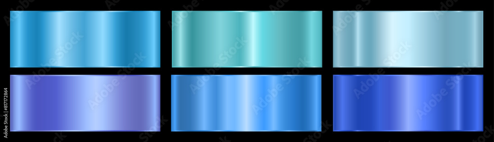 Obraz premium A set with blue gradients on a black background. A palette of colors for the design, a collection of high-quality ingredients. Metallic texture, shiny background. Vector EPS 10.