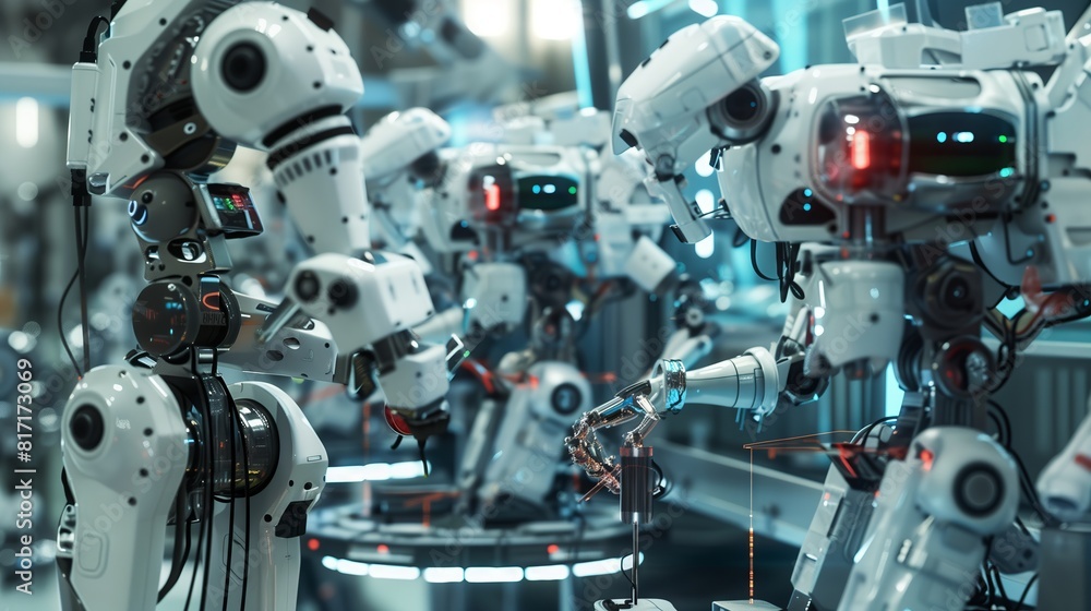 Robotic arms in a lab assemble parts, showcasing advanced automation. Robotic arms in a lab assemble parts, showcasing advanced automation.