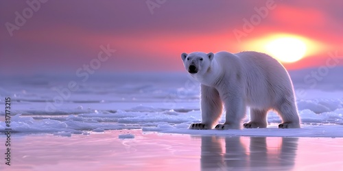 Polar bear on ice under a red sunset sky. Concept Arctic Animals  Nature Photography  Sunset Silhouettes  Wildlife Portraits  Landscape Beauty