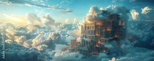 Capture a low-angle view of a fantastical library floating among the clouds